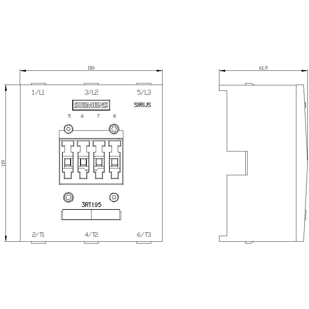 Technische Zeichnung eines Siemens Sirius Geräts mit Vorder- und Seitenansicht. Zeigt Anschlussklemmen für L1, L2, L3, T1, T2, T3.