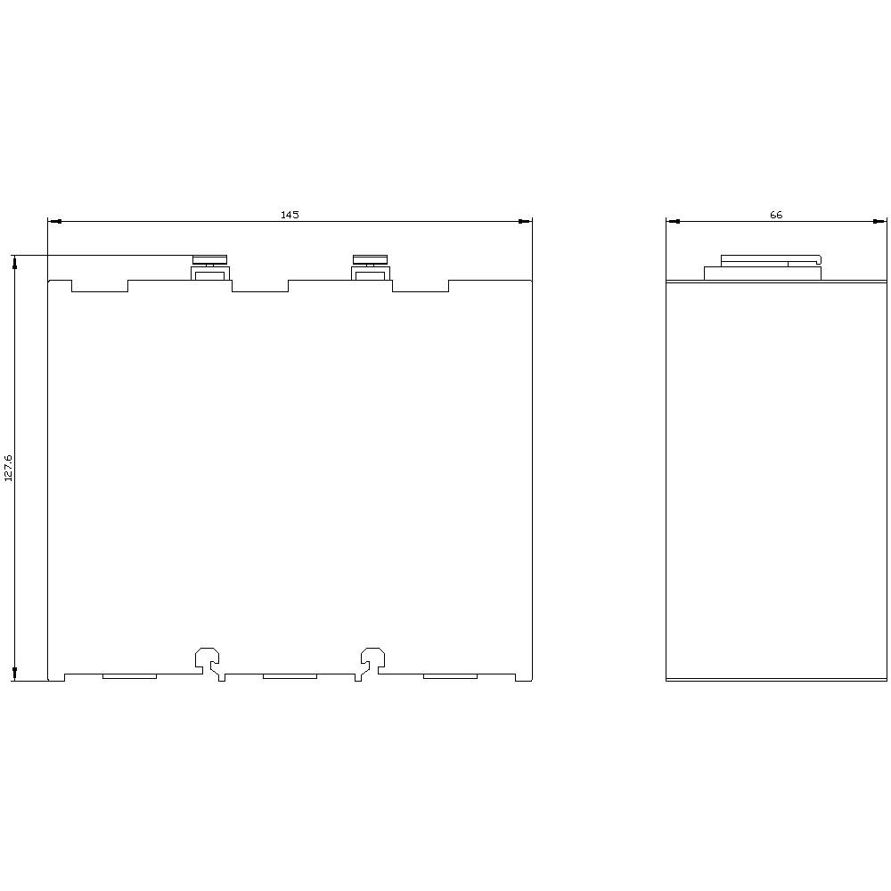 Technische Zeichnung eines rechteckigen Bauteils mit zwei Ansichten. Maße: 145 mm Länge, 157,6 mm Höhe, 56 mm Breite.