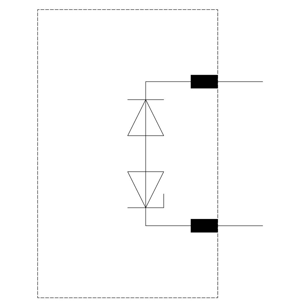 Elektrisches Schaltbild mit zwei entgegengesetzt parallelen Dioden, verbunden mit zwei Anschlusspunkten oben und unten.