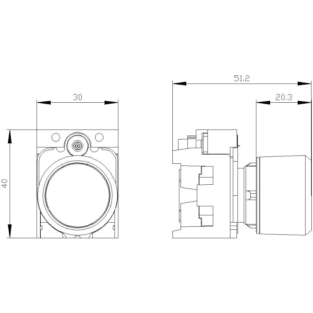 Technische Zeichnung eines zylindrischen Objekts mit Maßangaben. Vorderansicht zeigt Breite 30 mm und Höhe 40 mm, Seitenansicht zeigt Tiefe 51,2 mm und 20,3 mm.