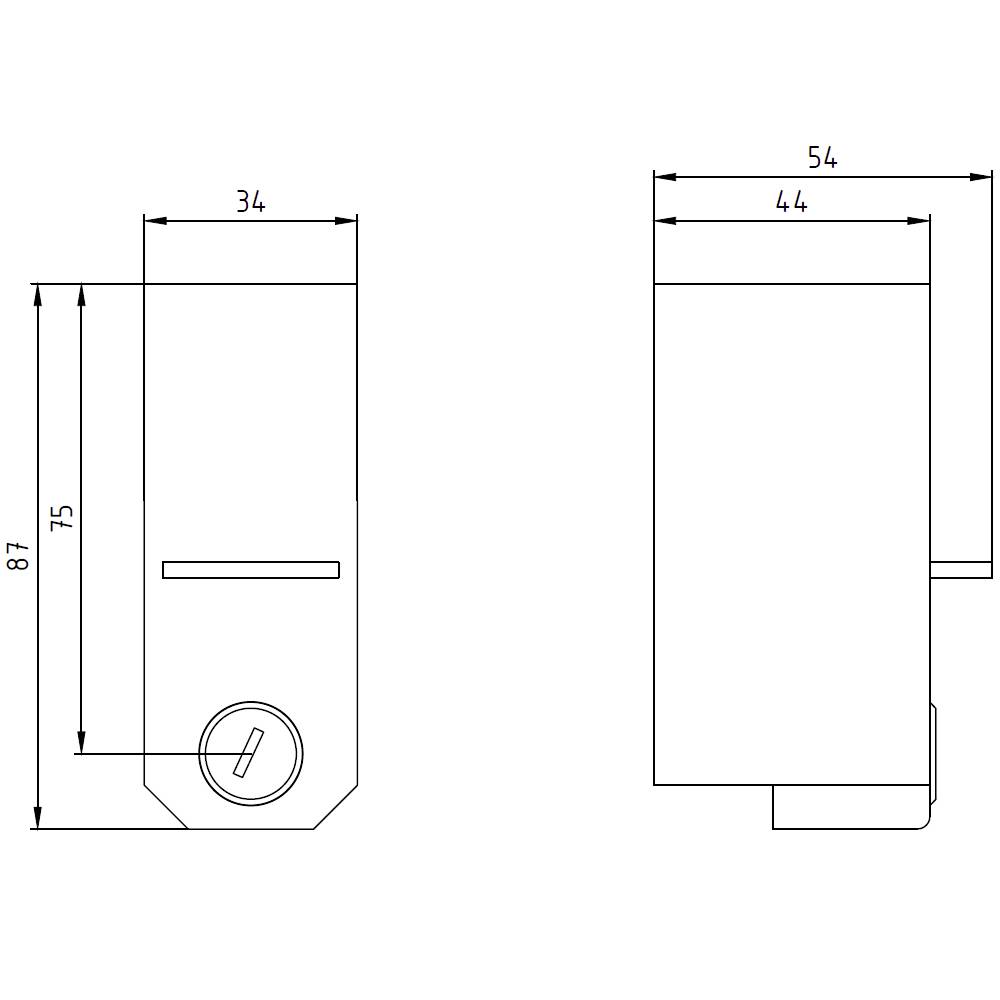 Technische Zeichnung eines Schlosses mit Seiten- und Vorderansicht. Dimensionen: Höhe 87 mm, Breite 34 mm, Tiefe 44 mm.