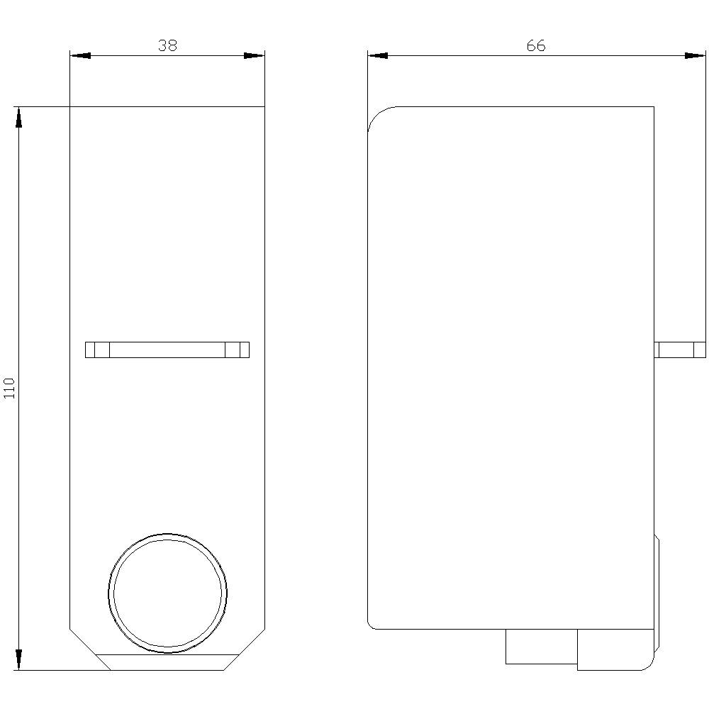 Zeichnung eines rechteckigen Objekts mit einem runden Element unten links, Maße: 110x38x66.
