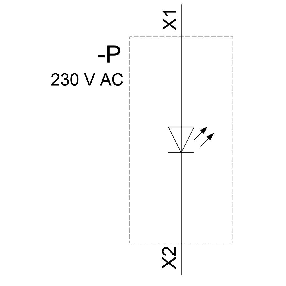 Schaltsymbol für einen Transformator mit 230 V AC, einem Durchlass, der mit zwei Pfeilen markiert ist, und den Anschlüssen X1 und X2.