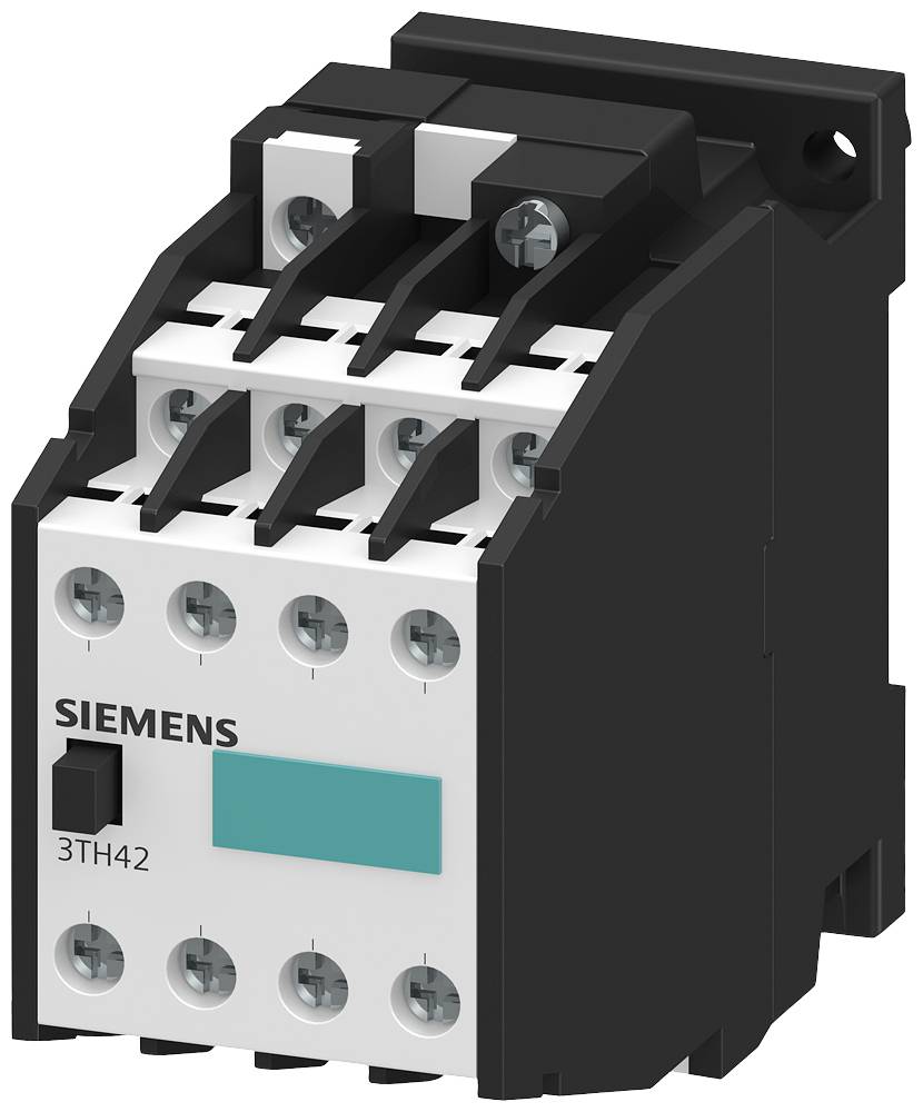 Ein dreipoliger elektrischer Kontaktor der Marke Siemens, Modell 3TH42, in schwarz-weißer Ausführung.
