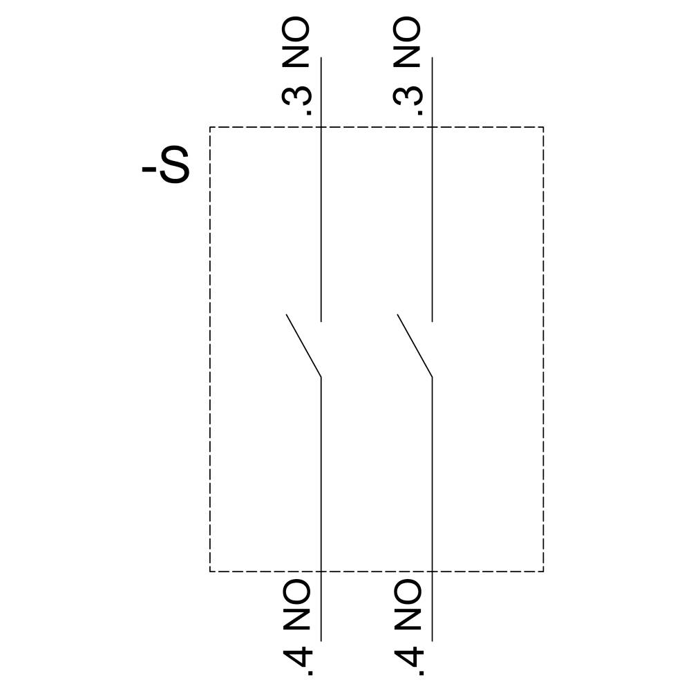 Schaltschema displaying two Schalter labeled '3 NO' und '4 NO', both in Serie within a gestrichelten Quadrat, symbolisiert offenen Schaltkreis.