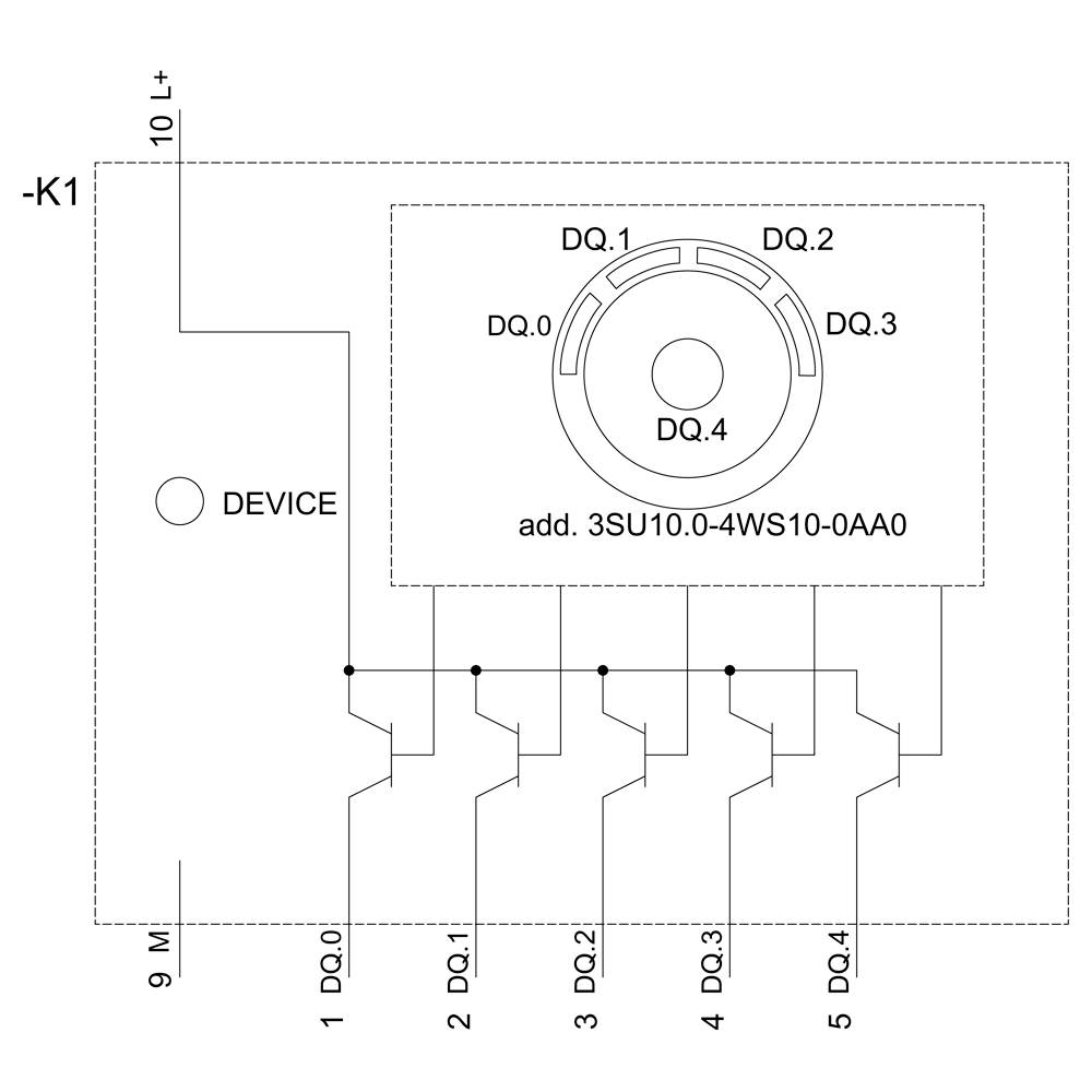 Schaltplan eines elektrischen Schaltgeräts mit Bezeichnungen DQ.0 bis DQ.4, ergänzt mit 'add. 3SU10.0-4WS10-0AA0', und Verbindung zu einem Gerät.