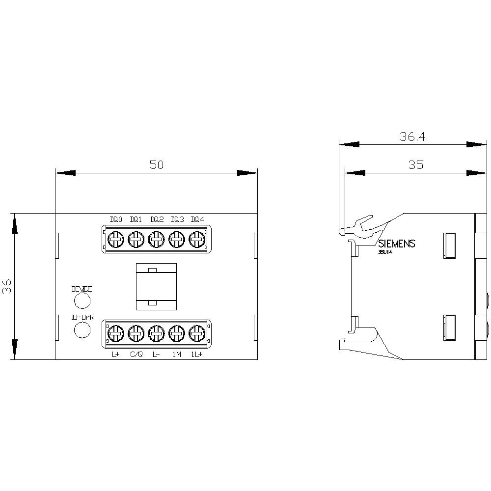 Technische Zeichnung eines Siemens-Bauteils mit den Maßen 50x36,4 mm. Frontansicht zeigt Anschlussklemmen und seitliche Beschriftung 'Siemens'.
