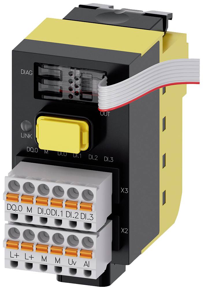 Industrie-Modul in Schwarz und Gelb mit mehreren Anschlüssen und einem gelben Knopf, verbunden mit einem grauen Flachbandkabel.