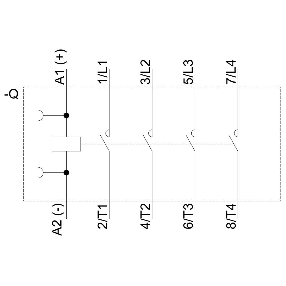 Schaltplan einer elektrischen Schaltung mit acht Anschlüssen (1/L1 bis 8/T4) und zwei gesteuerten Kontakten, bezeichnet als A1 (+) und A2 (-).