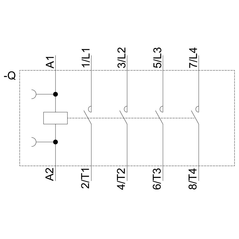 Schematische Darstellung eines vierpoligen Relais mit den Anschlüssen A1, A2, L1, L2, L3, L4, T1, T2, T3 und T4.