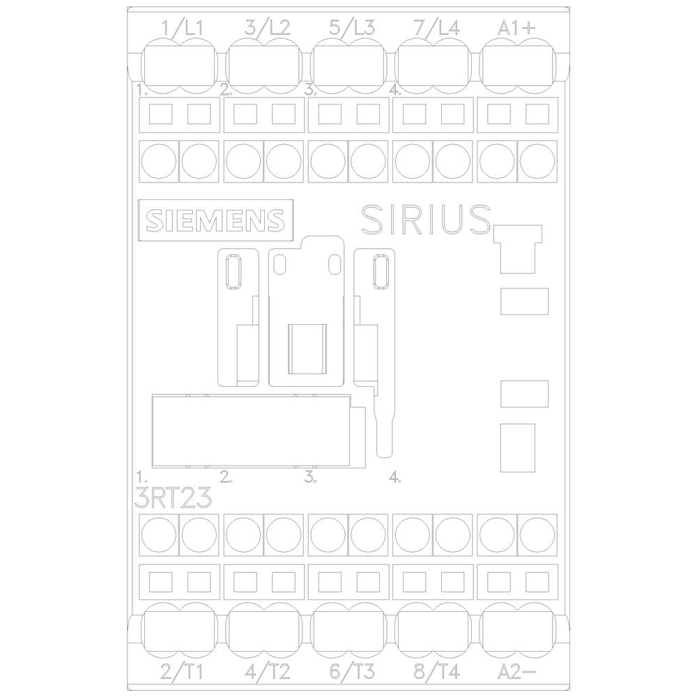 Diagramm eines Siemens SIRIUS 3RT23 Schaltgeräts mit mehreren nummerierten Anschlüssen für elektrische Verbindungen.