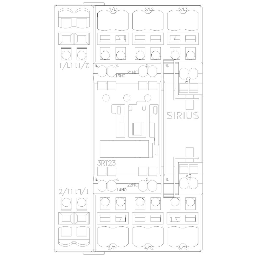 Technische Zeichnung eines elektrischen Schützes, Modelleinstellungen und Anschlüsse sichtbar, enthält Beschriftungen wie 'SIRIUS' und '3RT23'.