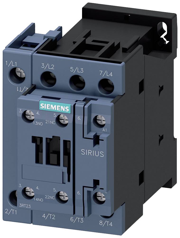 Ein Siemens-Schütz der Serie Sirius, betrachtet von vorne, zeigt Anschlüsse und Steuerungselemente. Dies ähnelt einem elektrischen Schaltensemble.