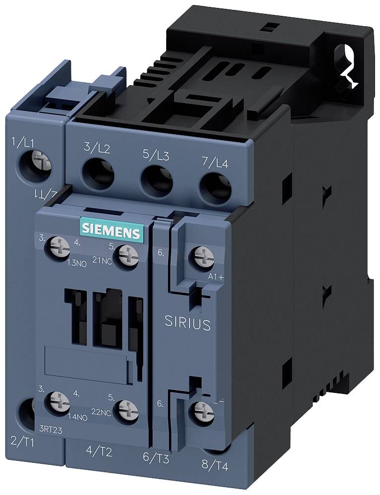 Ein elektrischer Schütz von Siemens, Modell Sirius, mit Anschlüssen und Beschriftungen auf der Vorderseite.