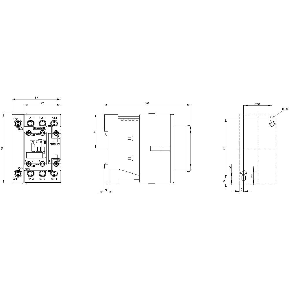 Technische Zeichnung eines elektrischen Schalters mit Vorder-, Seiten- und Draufsicht. Maße und Anschlüsse sind angegeben.