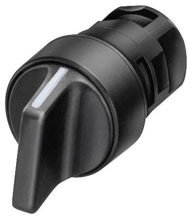 Ein schwarzer Drehknopf mit weißer Markierungslinie, geeignet für elektronische Geräte oder Maschinensteuerung.