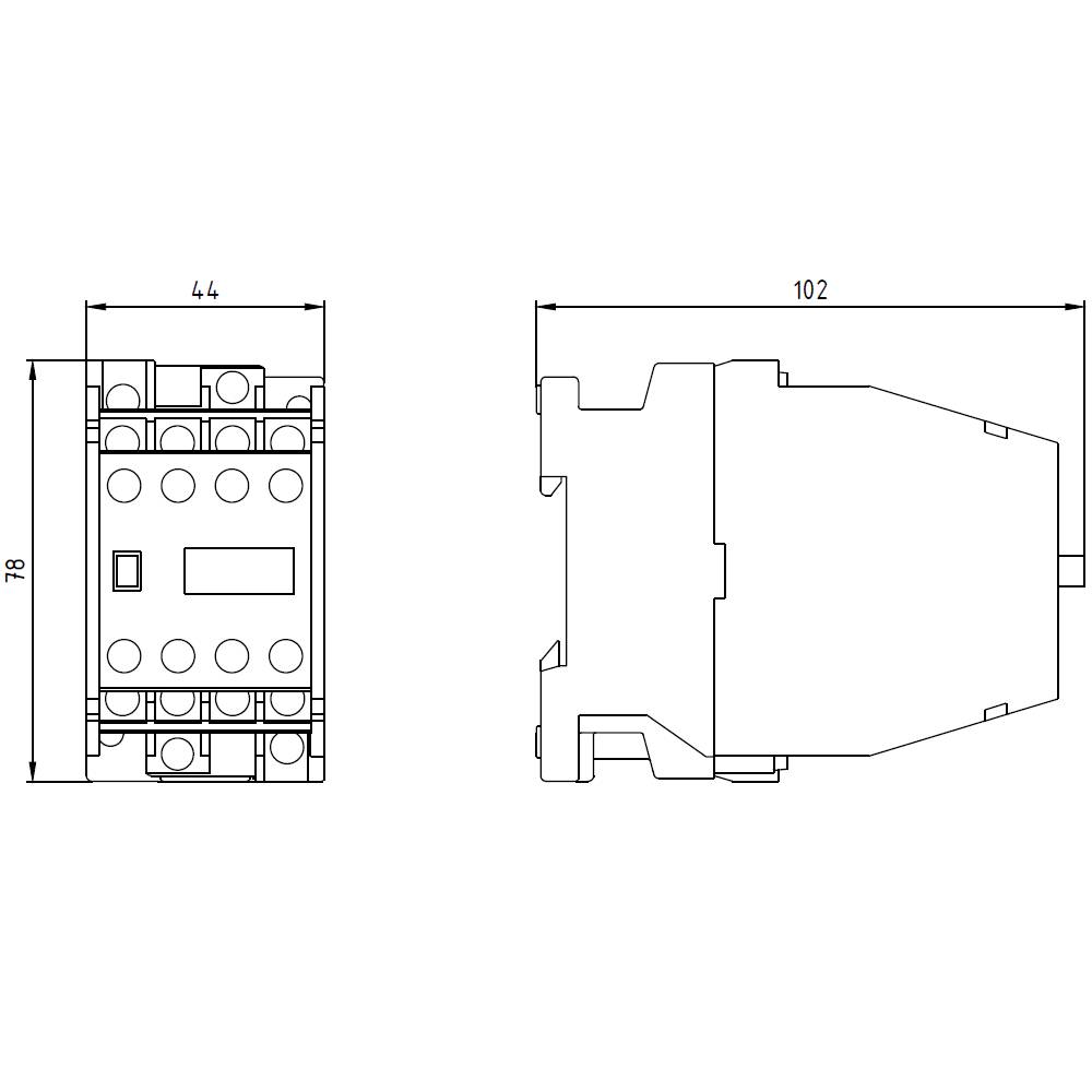Technische Zeichnung eines elektrischen Bauteils, zeigt Vorderansicht mit Maßen 44 mm Breite und 78 mm Höhe, sowie Seitenansicht mit 102 mm Tiefe.