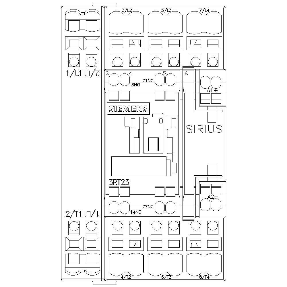Schaltplan eines Siemens SIRIUS Schützes 3RT23 mit Kontaktbelegungen und Anschlussbezeichnungen, einschließlich L1, L2, und A1.