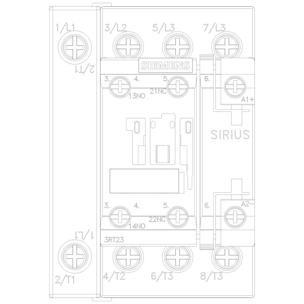 Schütz SIRIUS von Siemens mit elektrischen Anschlüssen markiert von 1/L1 bis 8/T3, inklusive Klemmen A1+ und A2-.