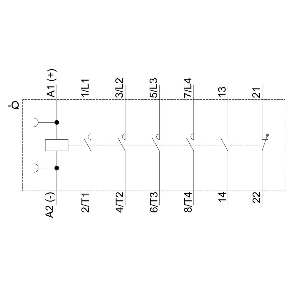 Schaltplan eines Relais mit zwei Anschlüssen A1(+) und A2(-), sowie acht Schaltkontakten 1/2, 3/4, 5/6, 7/8, 13/14 und 21/22.