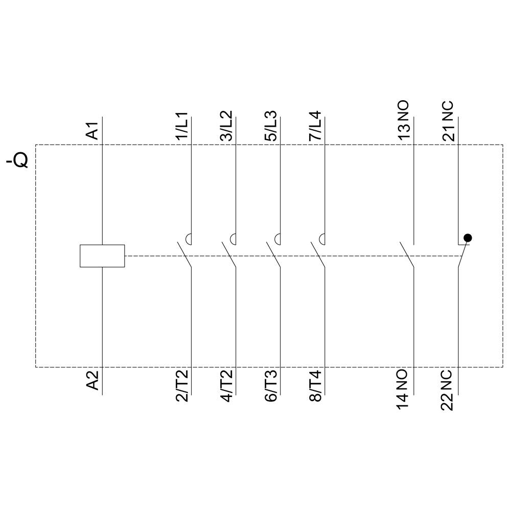 Schaltplan eines elektrischen Bauteils mit Kontakten, die von A1 und A2 ausgehen, und weiteren markierten Kontakten 1-14 und 21-22.