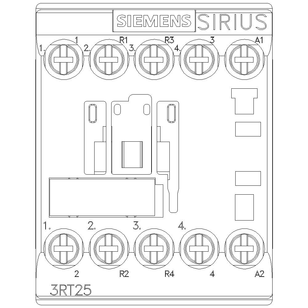 Eine technische Zeichnung eines Siemens SIRIUS Schützmoduls mit Anschlusspunkten R1 bis R4 und A1, A2. Modellnummer 3RT25.