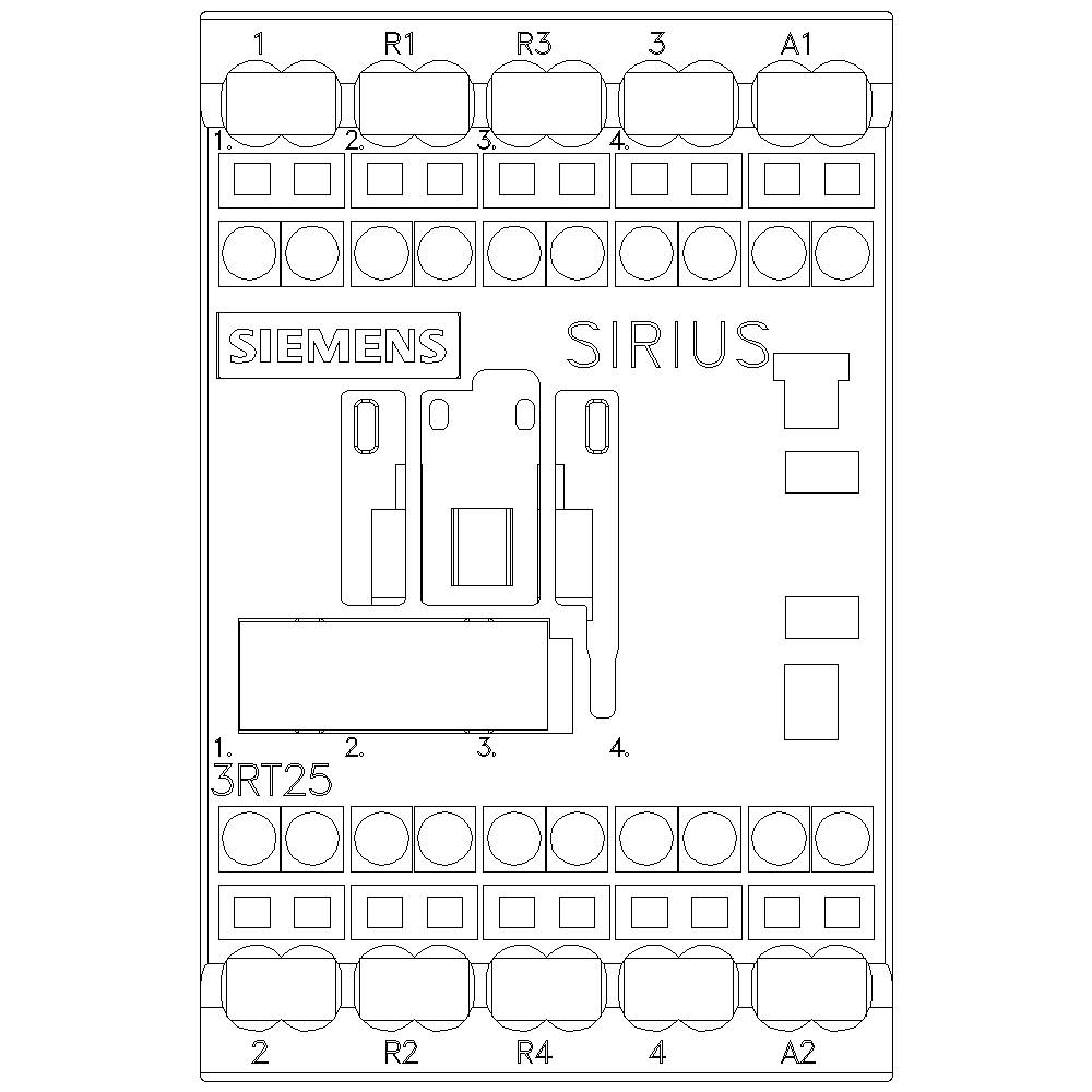 Abbildung eines Siemens SIRIUS Schaltgeräts mit Anschlüssen, Beschriftungen '3RT25' und numerierten Klemmen 1 bis 4.