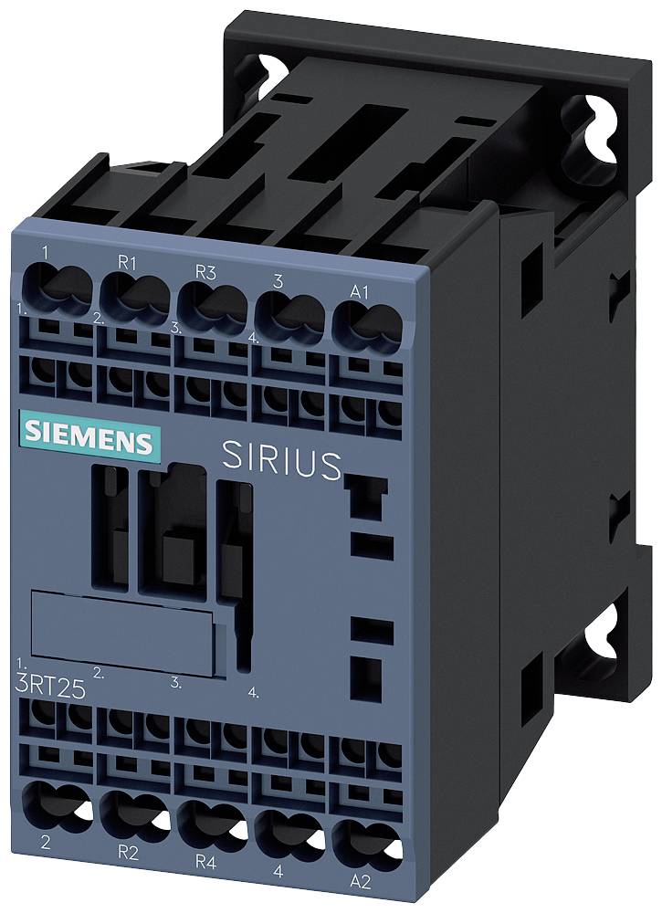 Siemens Schütz, Modell 'SIRIUS 3RT25', schwarz-blaues Gehäuse, mit mehreren Anschlüssen oben und unten.