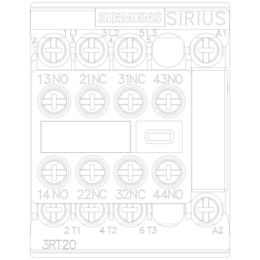 Skizze eines Siemens Sirius 3RT20 Schützes mit Anschlüssen und Kennzeichnung der Anschlussklemmen von L1 bis T3 und 13NO bis 44NO.