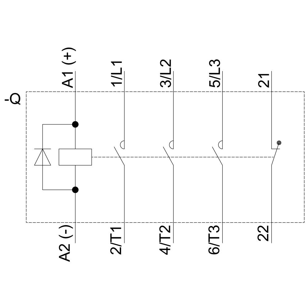 Schütz-Schaltplan mit Spulenanschlüssen A1(+) und A2(-), Hauptleiteranschlüsse 1/L1, 3/L2, 5/L3, und Kontaktanschlüsse 2/T1, 4/T2, 6/T3, 21, 22.