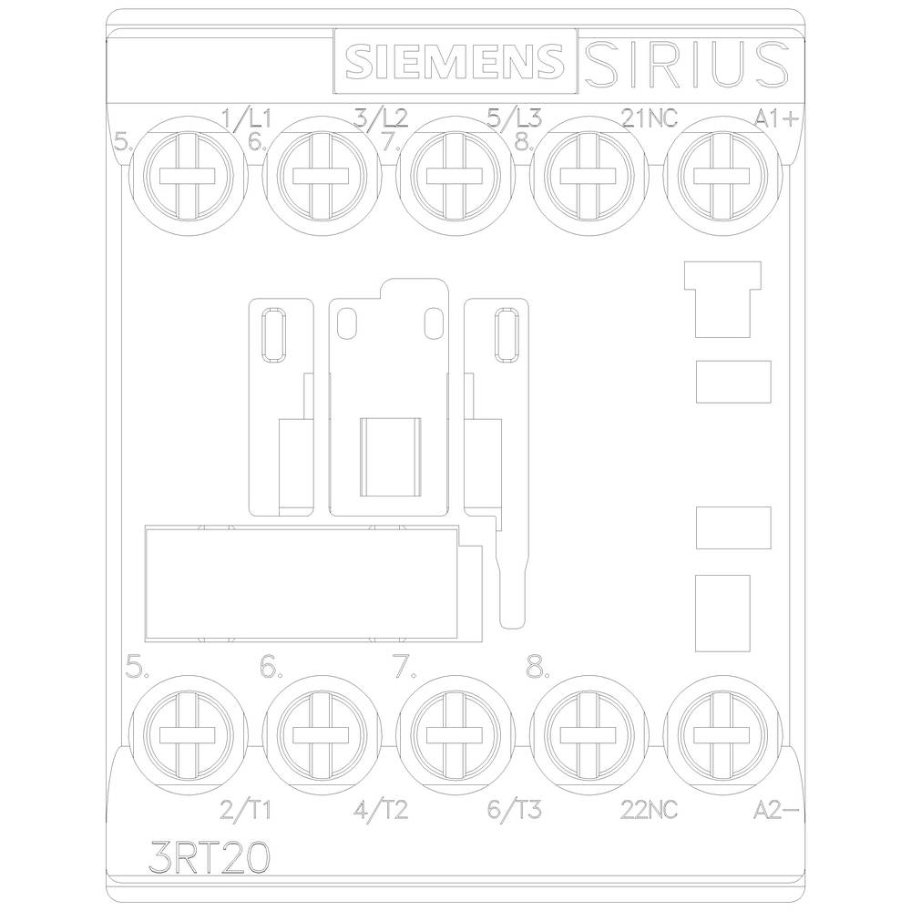 Technische Zeichnung eines Siemens Sirius Schaltschützes. Oben Anschlüsse L1, L2, L3, rechts A1+, unten 2/T1, 4/T2, 6/T3. Modell 3RT20.