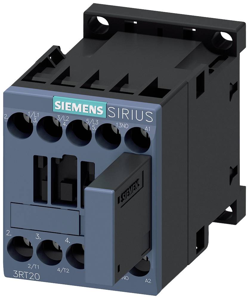 Ein elektrischer Schütz der Marke Siemens, Modell Sirius, mit mehreren Anschlussklemmen an der Vorderseite, geeignet für Steuerungsanwendungen.