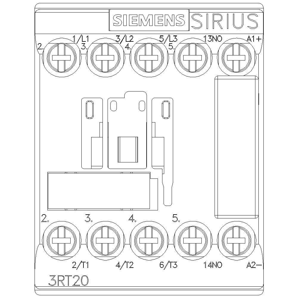 Schaltplan einer Siemens Sirius 3RT20 Schütz. Oben Anschlüsse 1/L1 bis A1+ und 13NO, unten Anschlüsse 2/T1 bis A2. Zentraler Kasten mit Symbolen.