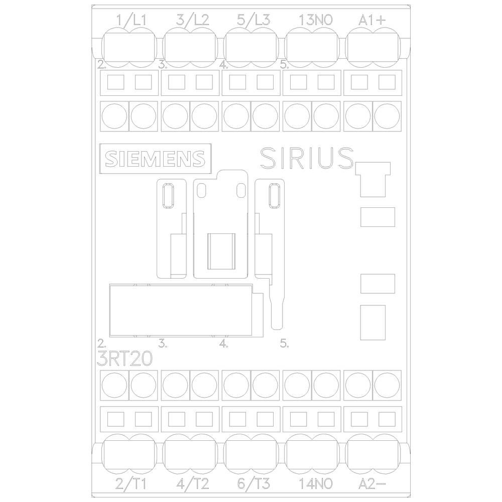 Abbildung eines Siemens SIRIUS 3RT20 Schützes mit Anschlüssen oben (L1, L2, L3, 13NO, A1+) und unten (T1, T2, T3, 14NO, A2-).