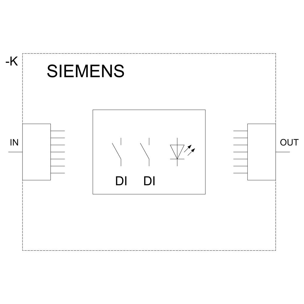 Ein Diagramm einer elektronischen Schaltung von Siemens zeigt Eingangs- und Ausgangsstecker, zwei Dioden und eine Leuchtdiode.