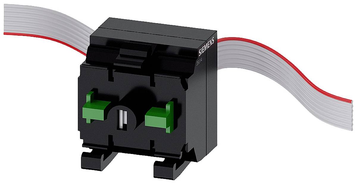 Schwarzes elektronisches Bauteil mit zwei grünen Steckverbindungen und einem mehradrigen Kabel, Markenname 