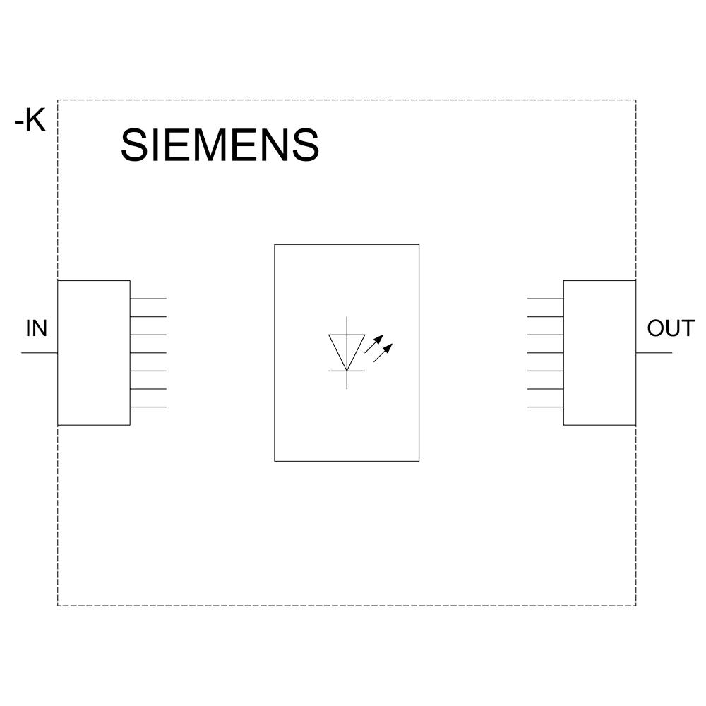 Elektronisches Bauelement: Links Eingang (IN), Mitte Leuchtdiode-Symbol, rechts Ausgang (OUT), mit der Aufschrift SIEMENS oben.