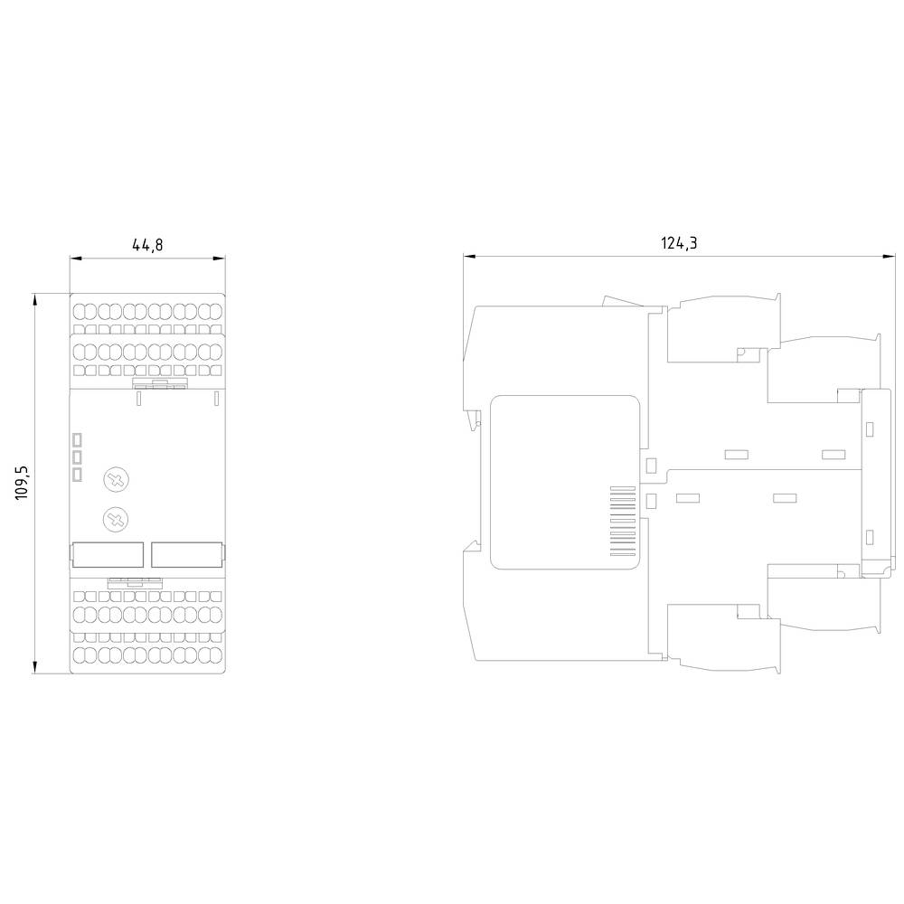 Technische Zeichnung eines rechteckigen Geräts mit Maßen 44,8 x 109,5 mm und 124,3 mm Breite. Zeigt Vorder- und Seitenansicht.