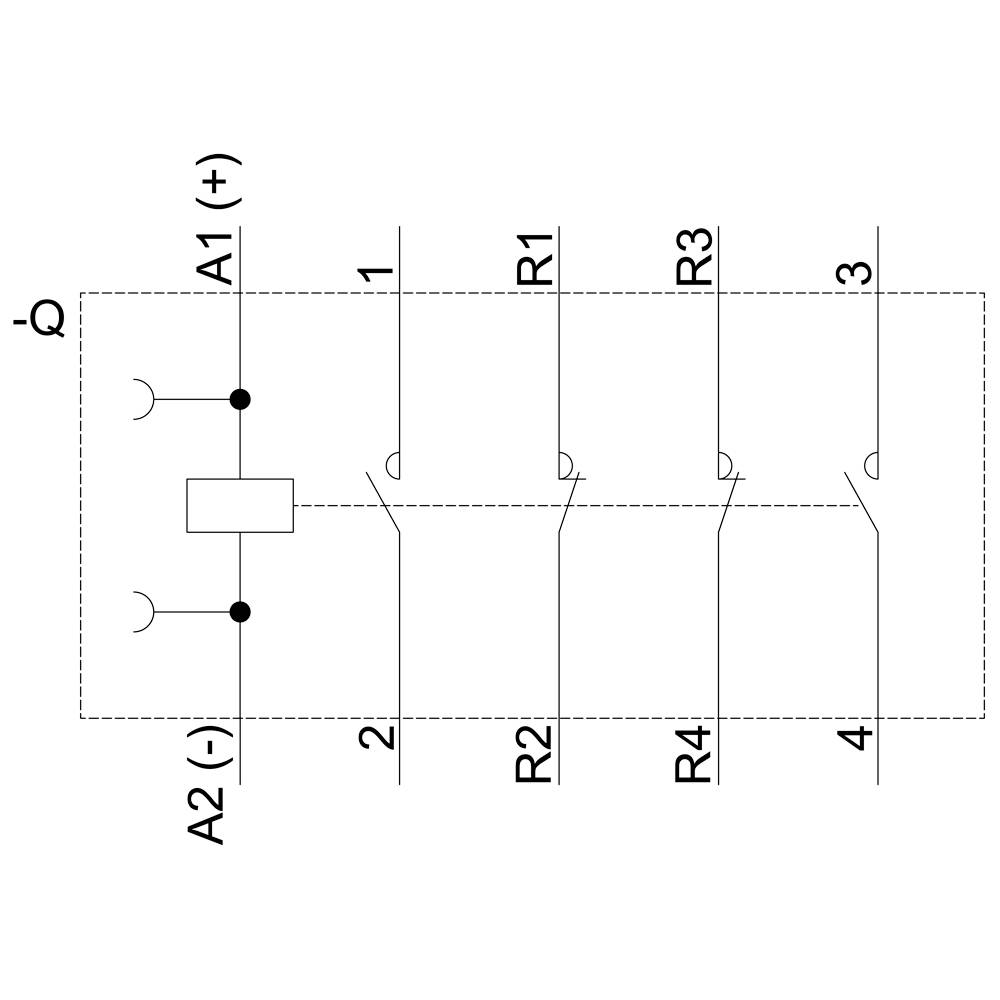 Schema eines Relais mit vier Schaltstellungen, bezeichnet mit A1 (+), A2 (-), R1 bis R4. Veranschaulicht elektrische Verbindungen.