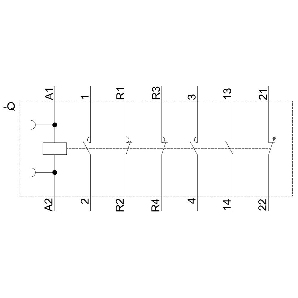 Schematische Darstellung eines elektrischen Schaltplans mit Relais und Kontakten. Links oben sind die Anschlüsse A1 und A2, rechts die Anschlüsse 21 und 22.