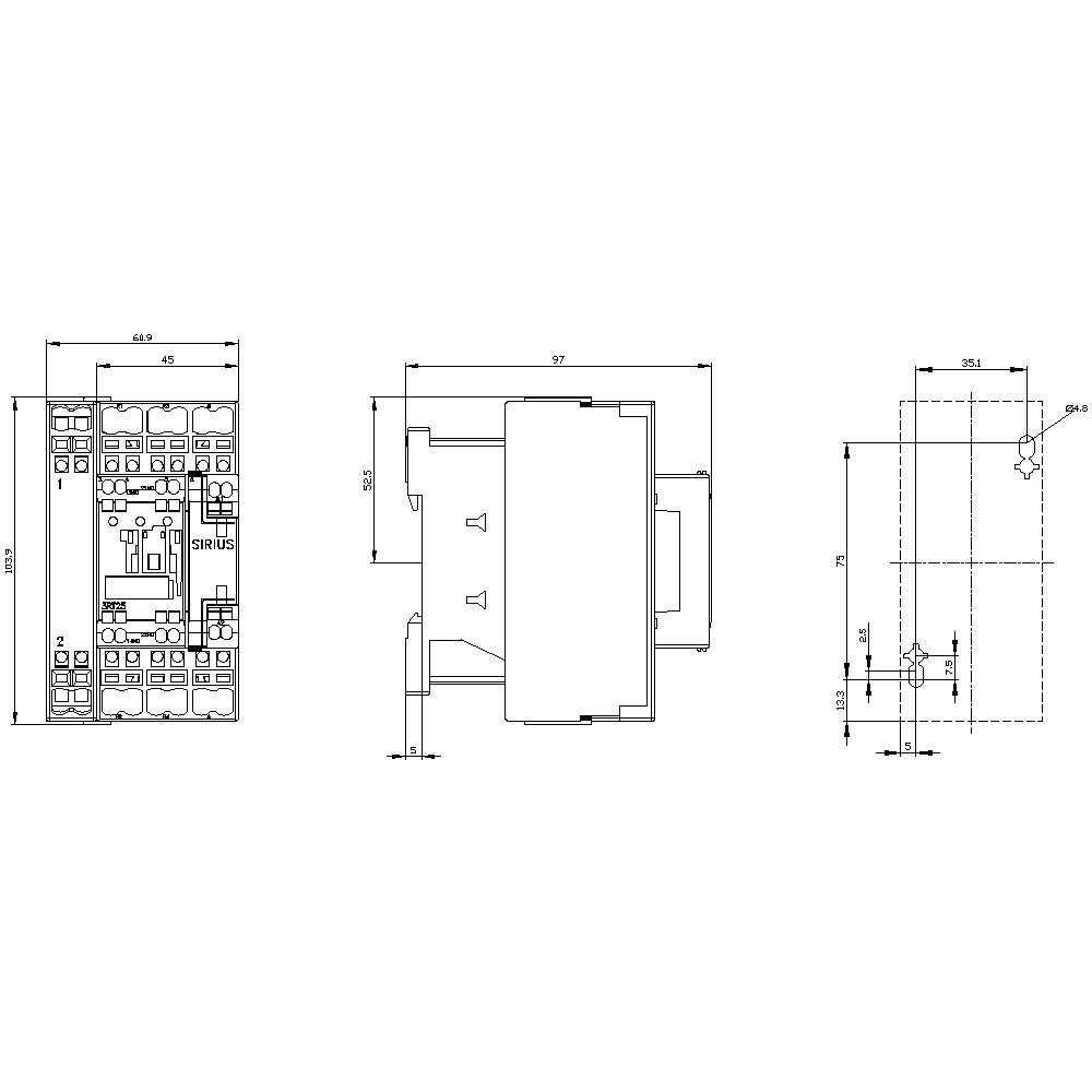 Technische Zeichnung eines elektronischen Bauteils mit Ansichten von vorne, oben und rechts. Maße und technische Details angegeben.