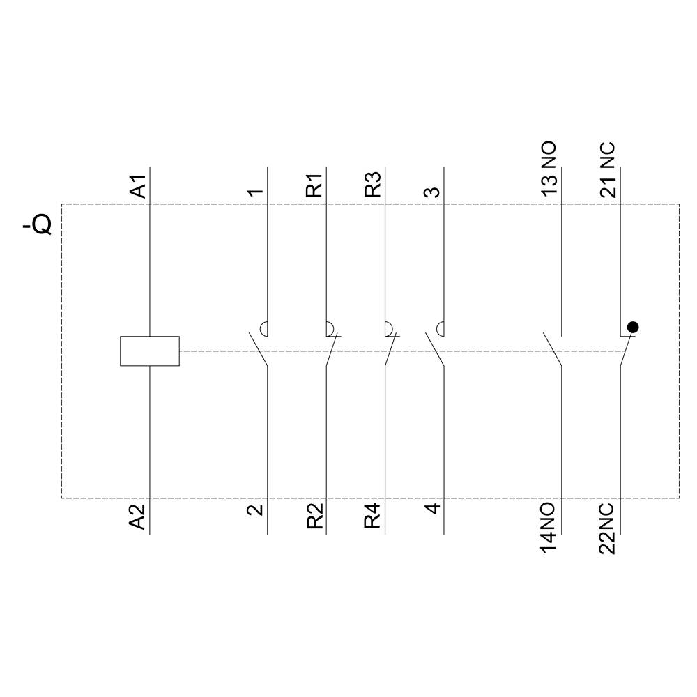 Schaltplan einer elektrischen Schaltung mit Symbolen für Schalter, Widerstände (R1 bis R4) und Anschlüssen (A1, A2, 1, 2, 3, 4, 13 NO, 14 NO, 21 NC, 22 NC).