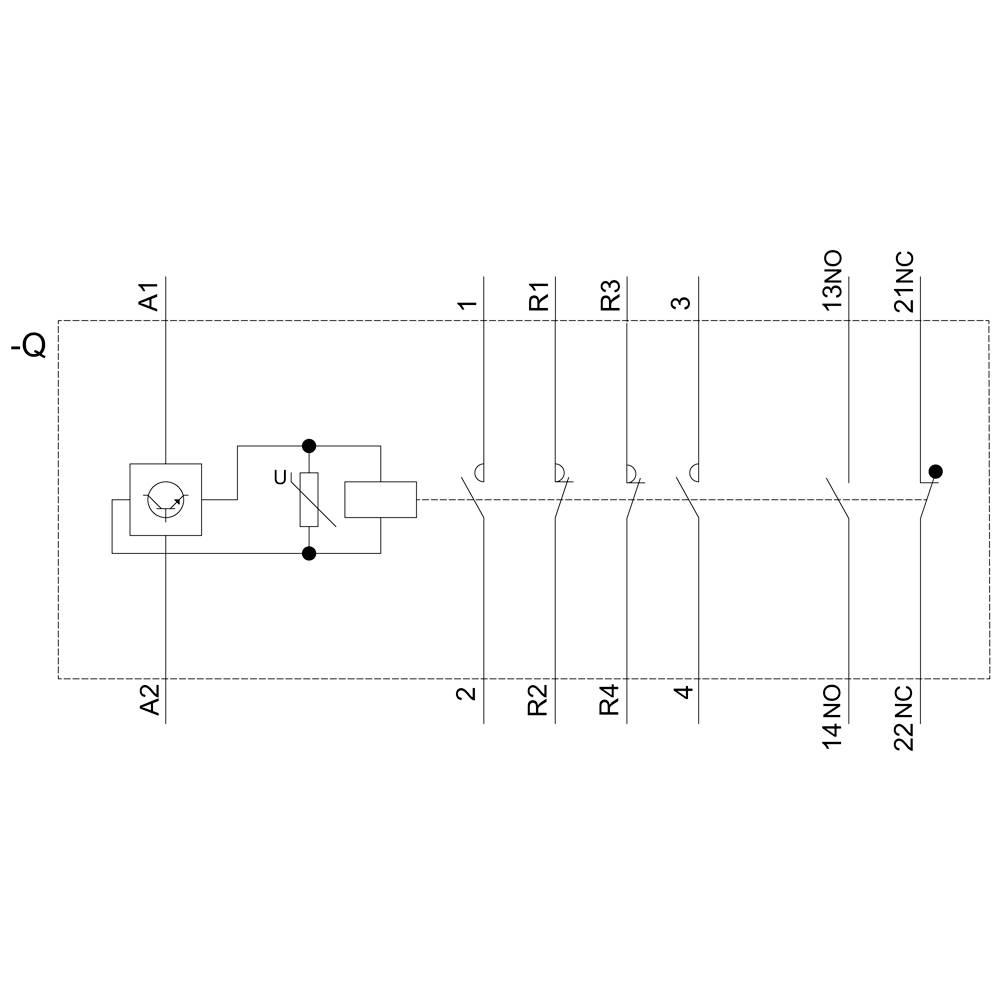 'Schematischer Schaltplan eines elektrischen Schaltrelais' mit den Anschlüssen A1, A2, 1, 2, 3, 4 und Bezeichnungen R1 bis R4 sowie 13NO, 14NO, 21NC, 22NC.