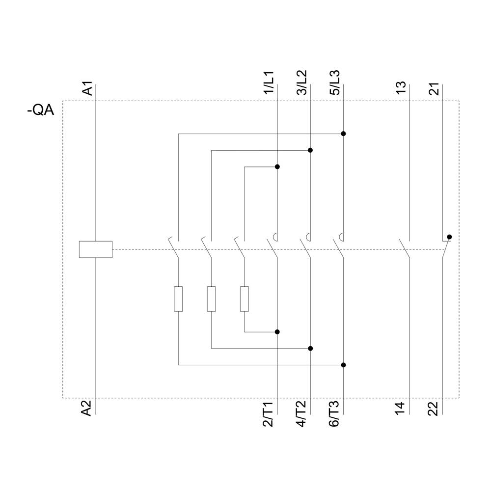 Elektroschaltplan mit einer Reihe von vertikal und horizontal verlaufenden Leitungen. Beschriftungen: QA, A1, A2, 1L/1, 3L/2, 5L/3, 2/T1, 4/T2, 6/T3, 13, 14, 21, 22.