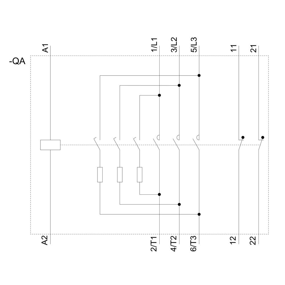 Schaltplan für einen elektrischen Schalter: Anschlüsse sind gekennzeichnet durch A1, A2 und Zahlen 1 bis 22, verbunden durch Leitungen.