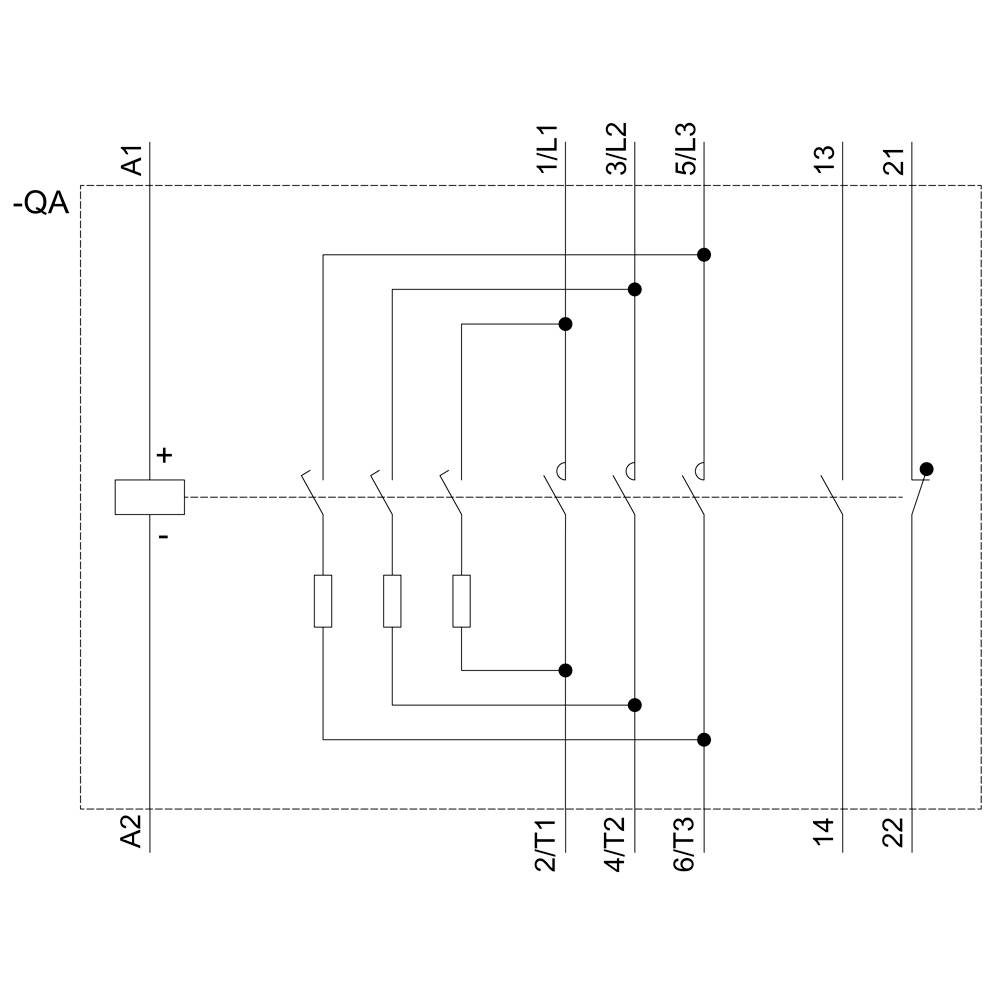 Schaltschema zeigt eine elektrische Steuerung mit Schaltern und Anschlüssen, einschließlich A1, A2, 1L1, 3L2, 5L3, 2/T1, 4/T2, 6/T3.