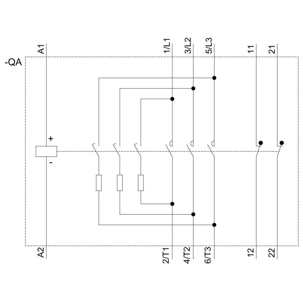 Schaltplan eines elektrischen Stromkreises mit sechs Anschlüssen, drei Schaltern und zwei parallelen Verbindungen.