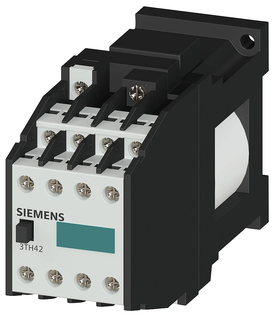 Ein schwarzer und weißer Siemens-Schütz 3TH42, ein elektrisches Relais, das in Schaltschränken zur Steuerung von Stromkreisen verwendet wird.