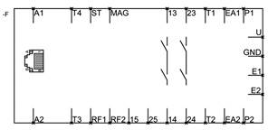 Elektronisches Schaltplandigramm: zeigt Schaltkreisknoten und Anschlusspunkte mit Kennzeichnungen wie A1, T1, U, GND.