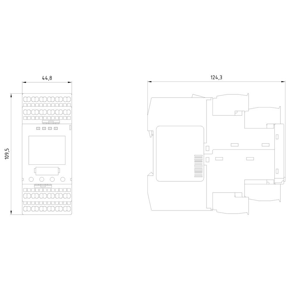 Technische Zeichnung eines rechteckigen Geräts mit Abmessungen 44,8 x 124,3 mm und einer Höhe von 109,5 mm.